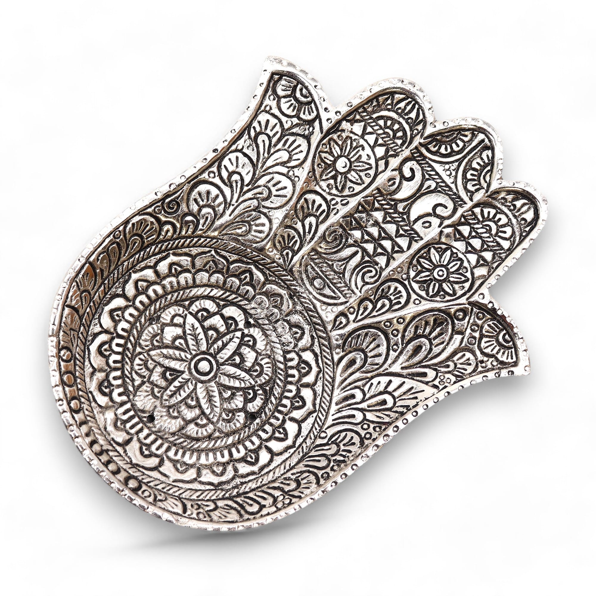 254373 Hliníkový stojan na vonné tyčinky Hamsa 18×13 cm z lešteného hliníka
