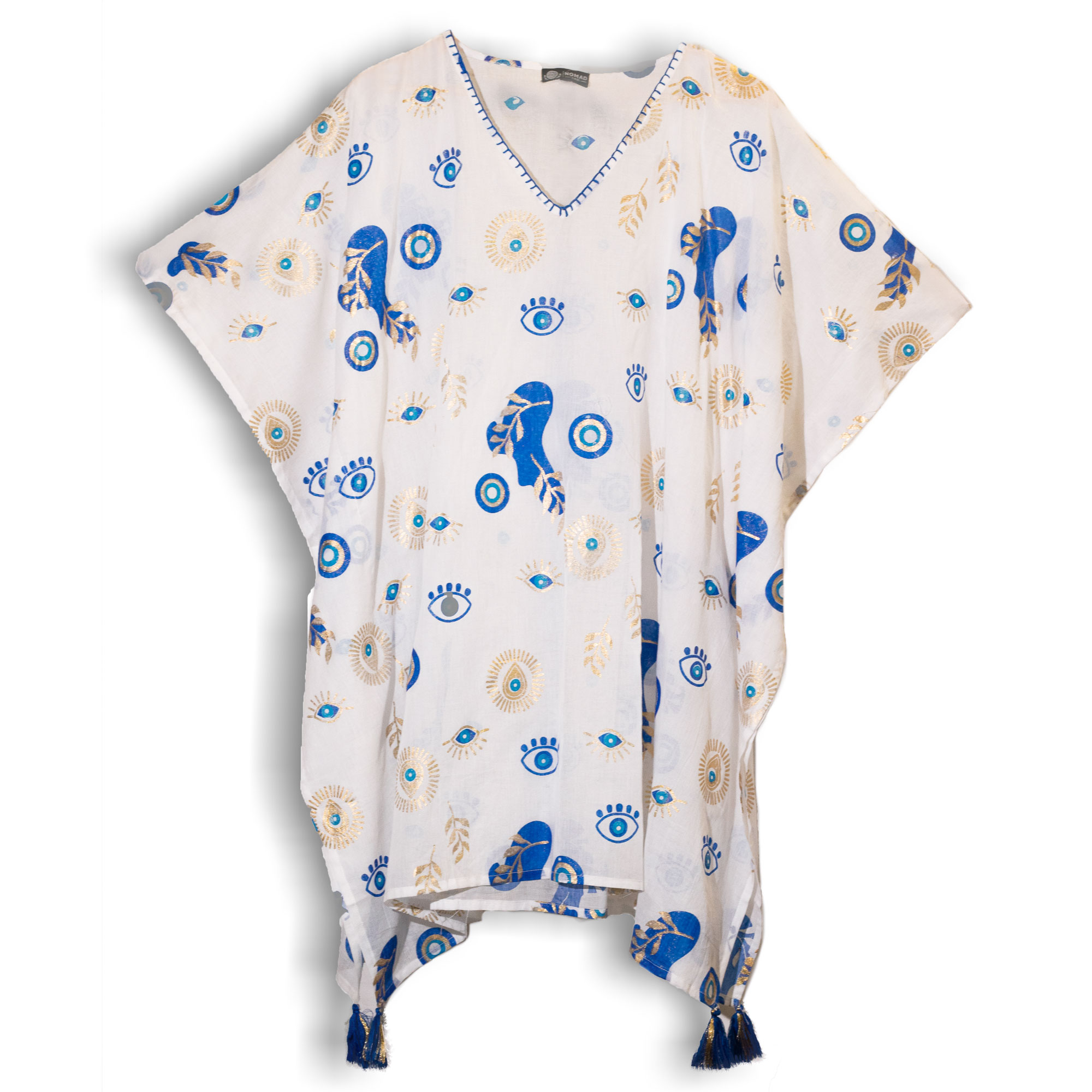 Nomád Sari - Kaftan - Biely, Modrý a Zlatý - Dizajn Zlého Oka